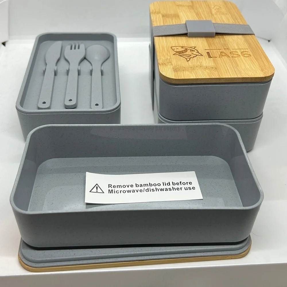 Bamboo and Gray Bento Japanese Wood Bento Lunch Boxes 2 Layer. Set of two